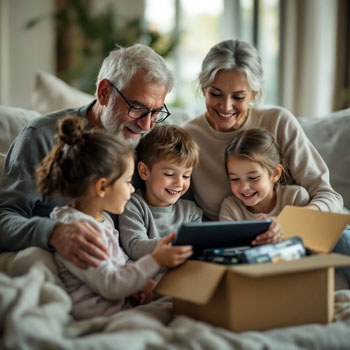 Familia viendo recuerdos digitalizados